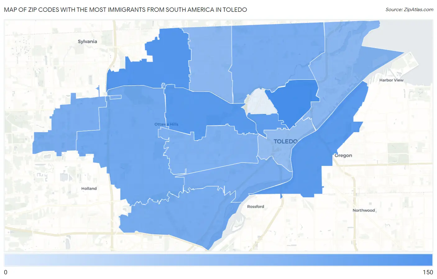 Zip Codes with the Most Immigrants from South America in Toledo Map