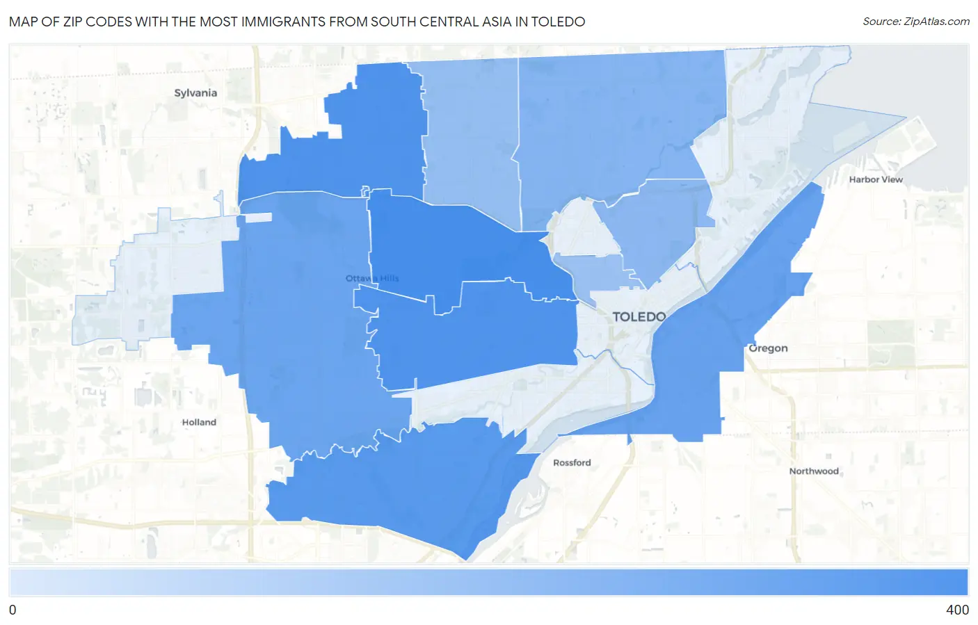 Zip Codes with the Most Immigrants from South Central Asia in Toledo Map