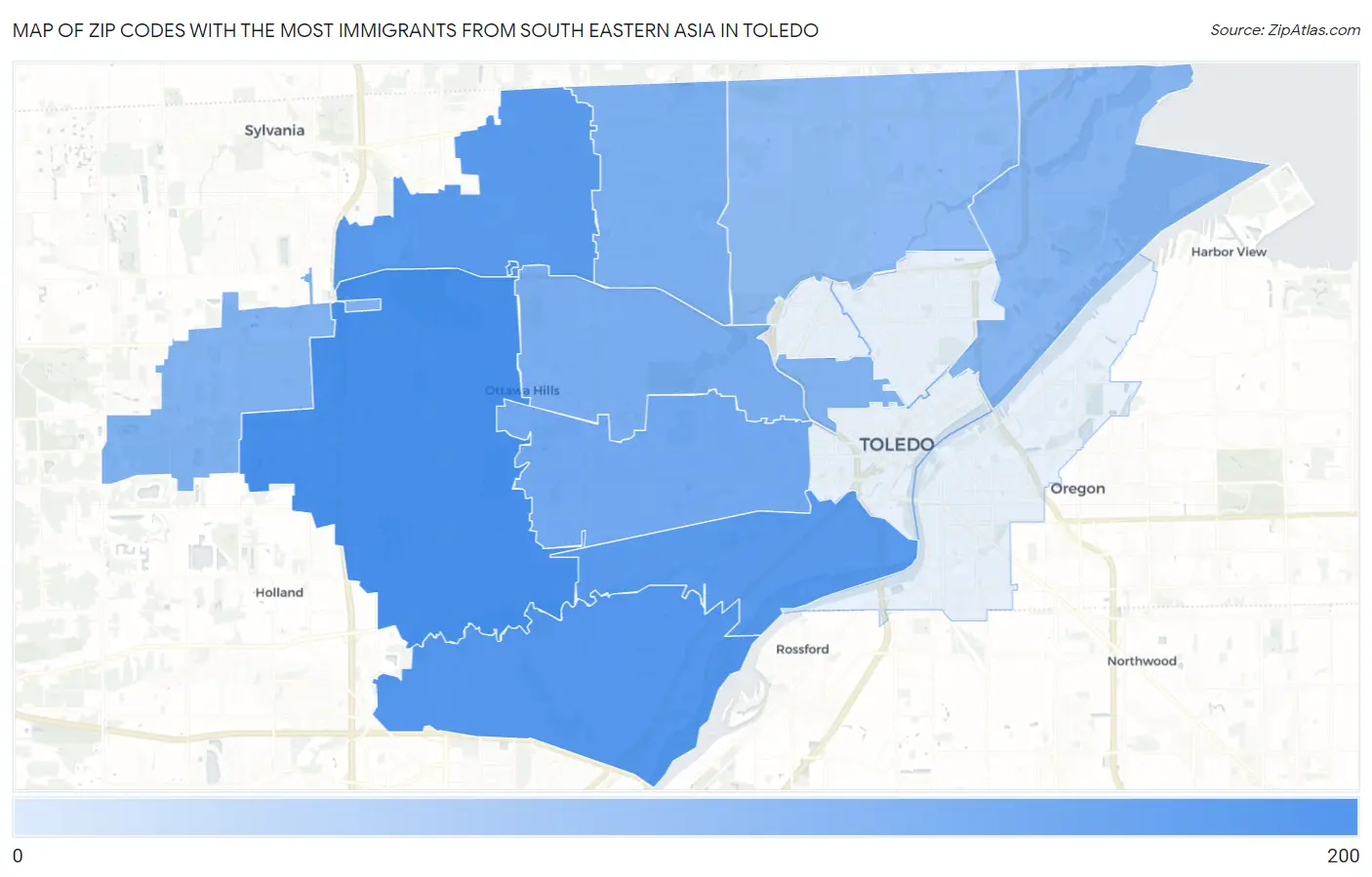 Zip Codes with the Most Immigrants from South Eastern Asia in Toledo Map