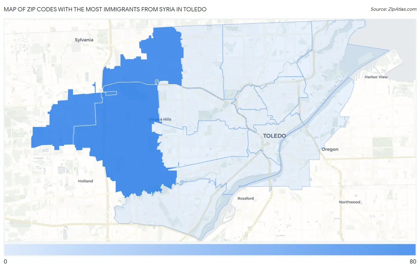 Zip Codes with the Most Immigrants from Syria in Toledo Map