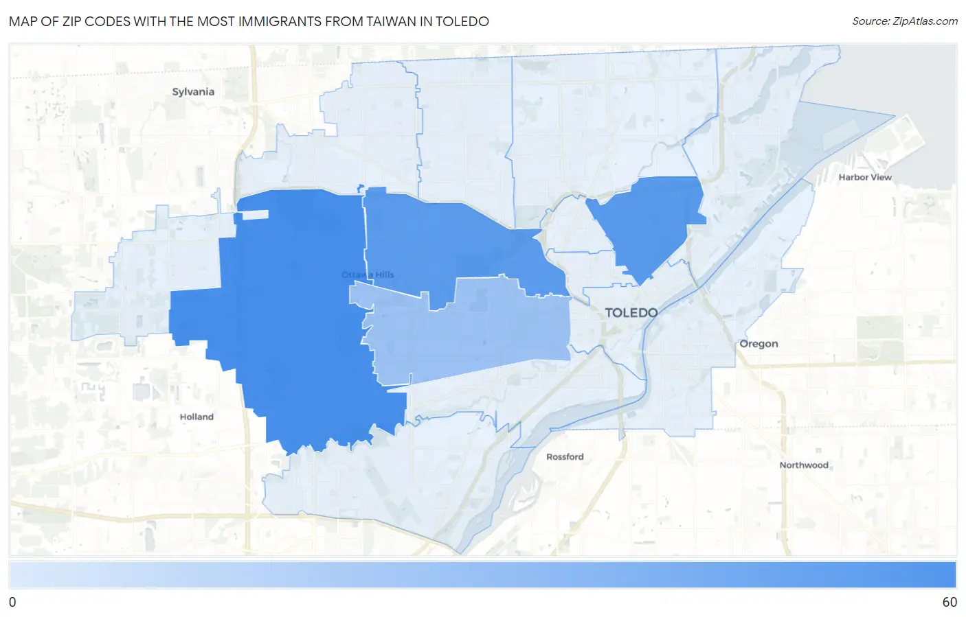 Zip Codes with the Most Immigrants from Taiwan in Toledo Map