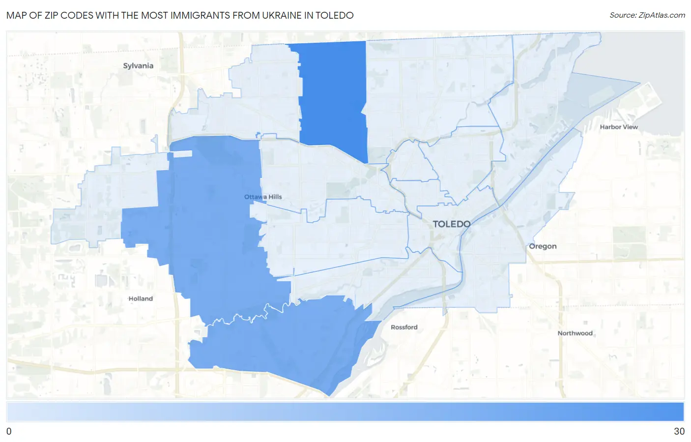 Zip Codes with the Most Immigrants from Ukraine in Toledo Map