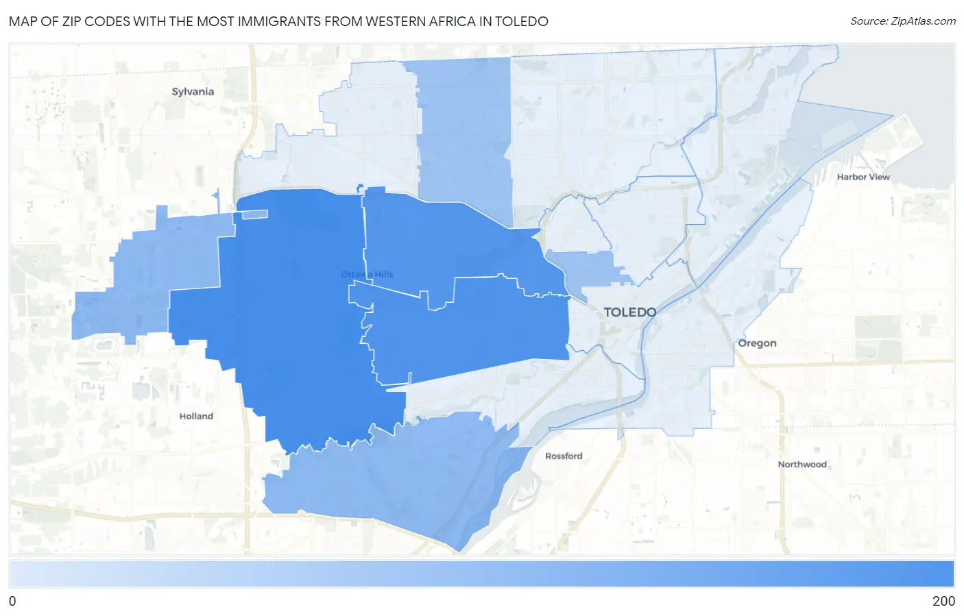 Zip Codes with the Most Immigrants from Western Africa in Toledo Map