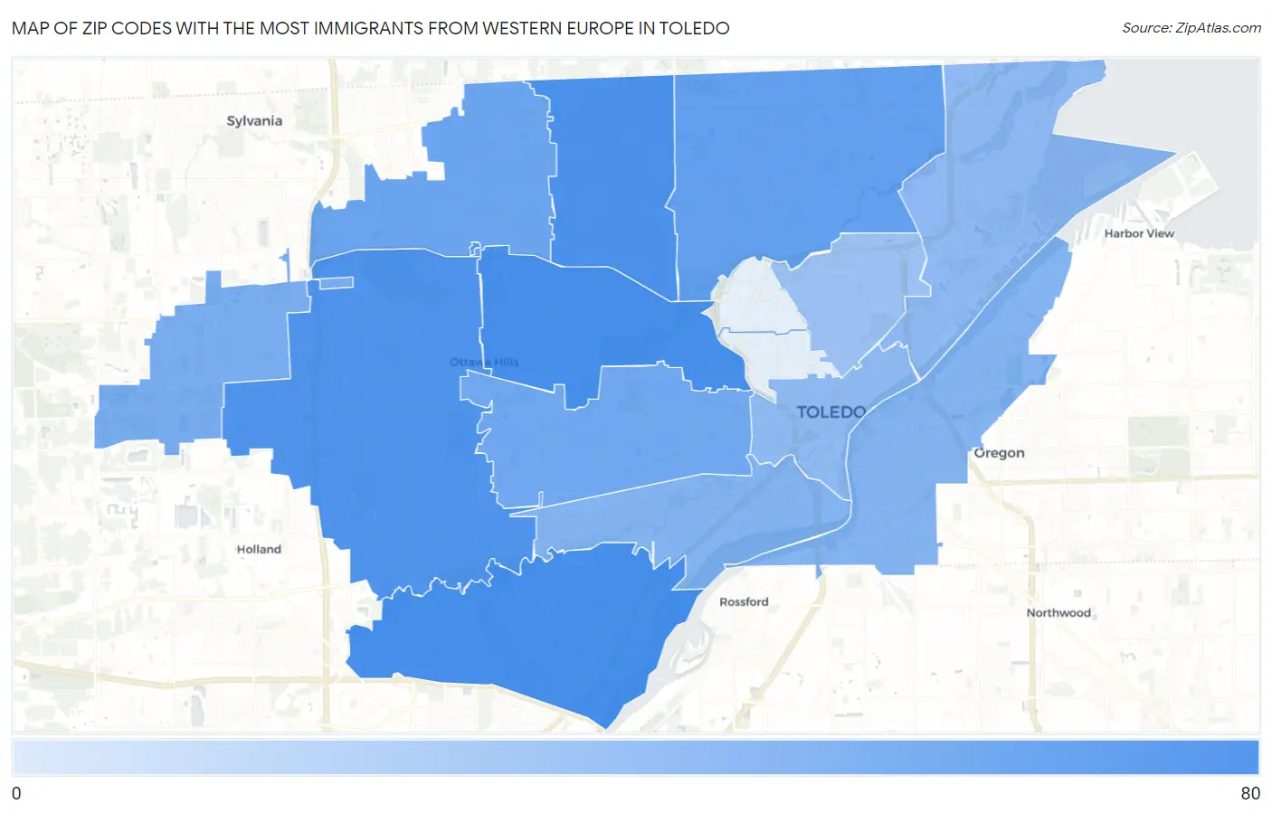 Zip Codes with the Most Immigrants from Western Europe in Toledo Map