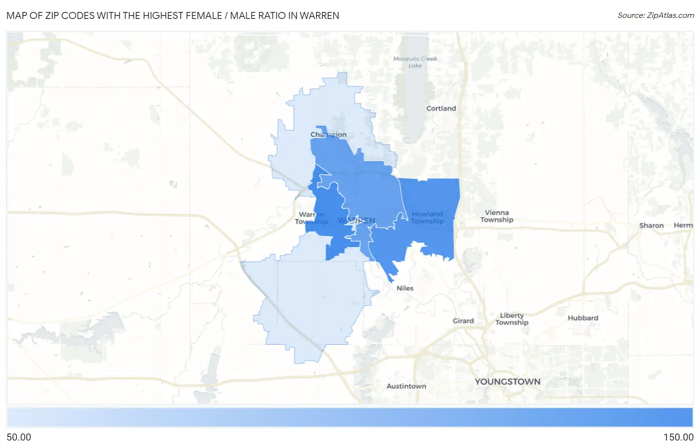 Zip Codes with the Highest Female / Male Ratio in Warren Map
