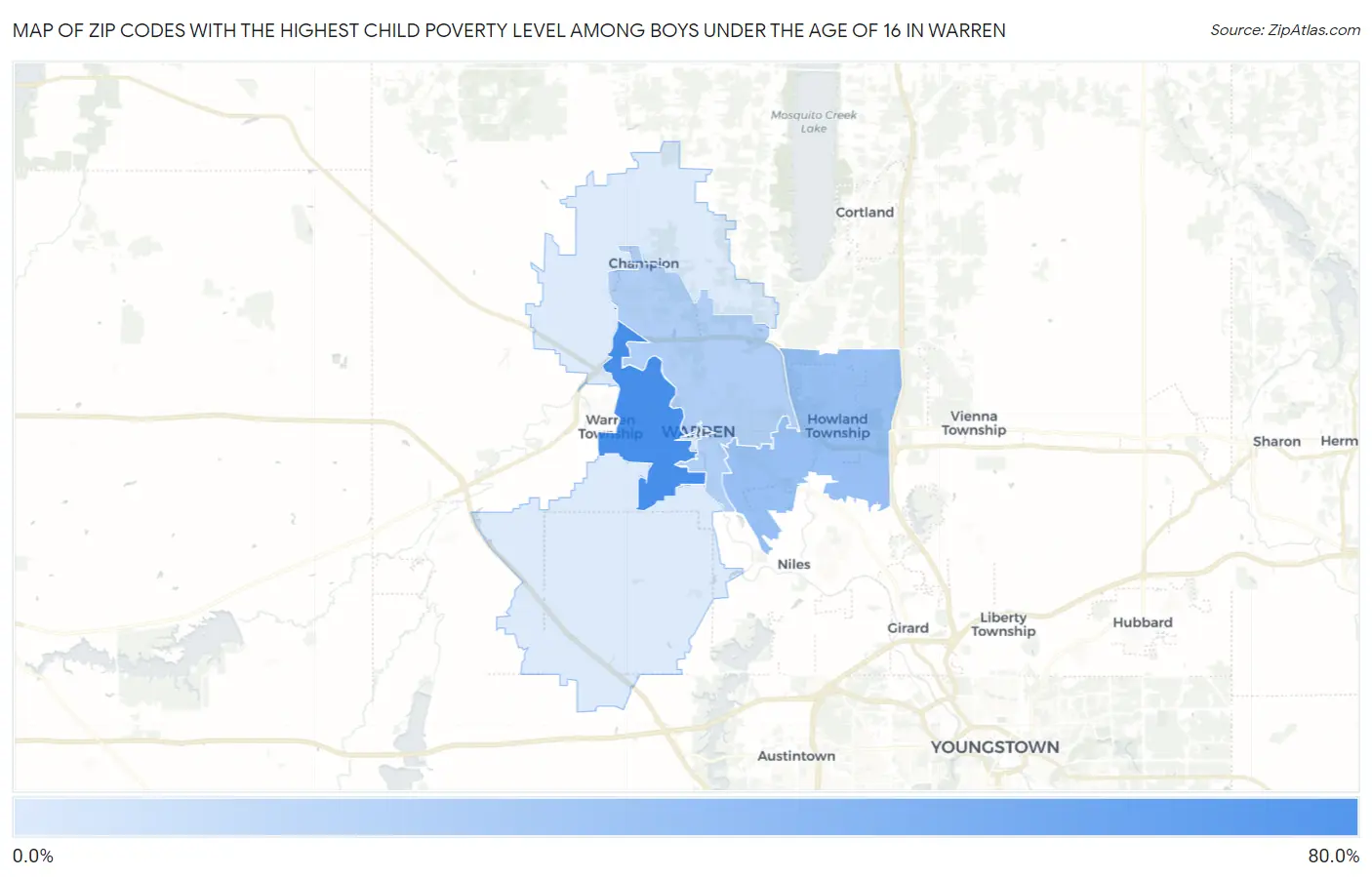 Zip Codes with the Highest Child Poverty Level Among Boys Under the Age of 16 in Warren Map