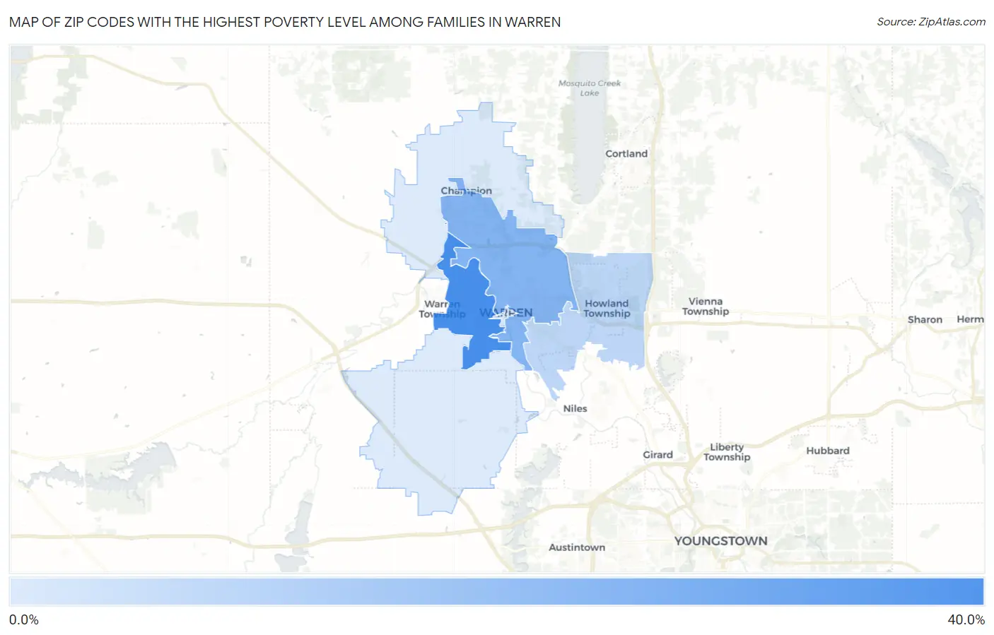 Zip Codes with the Highest Poverty Level Among Families in Warren Map