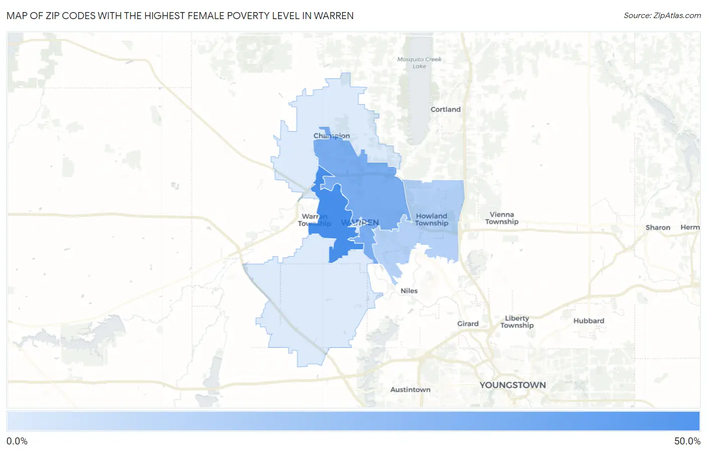 Zip Codes with the Highest Female Poverty Level in Warren Map
