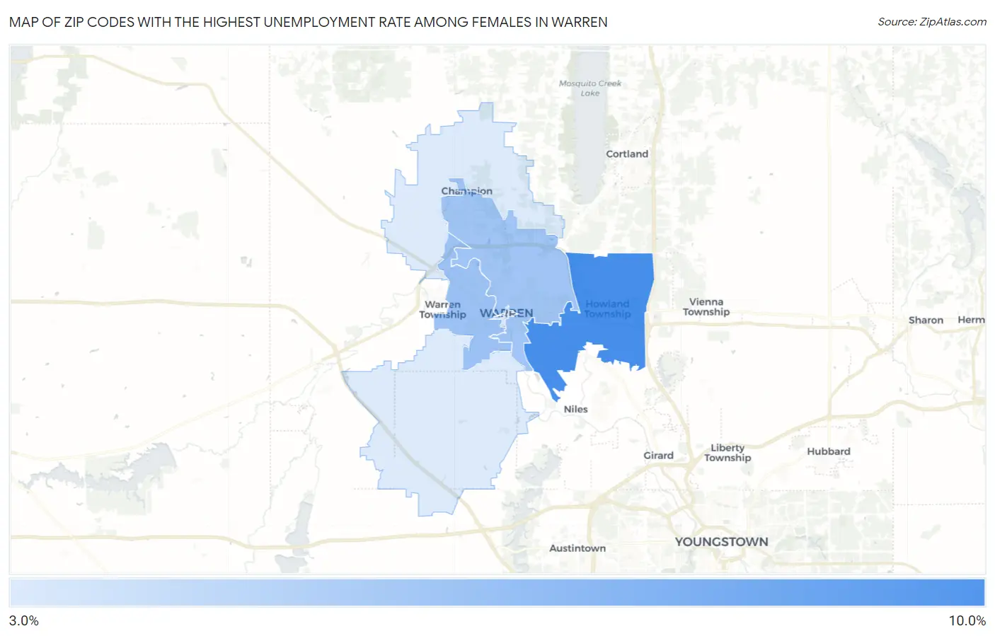 Zip Codes with the Highest Unemployment Rate Among Females in Warren Map