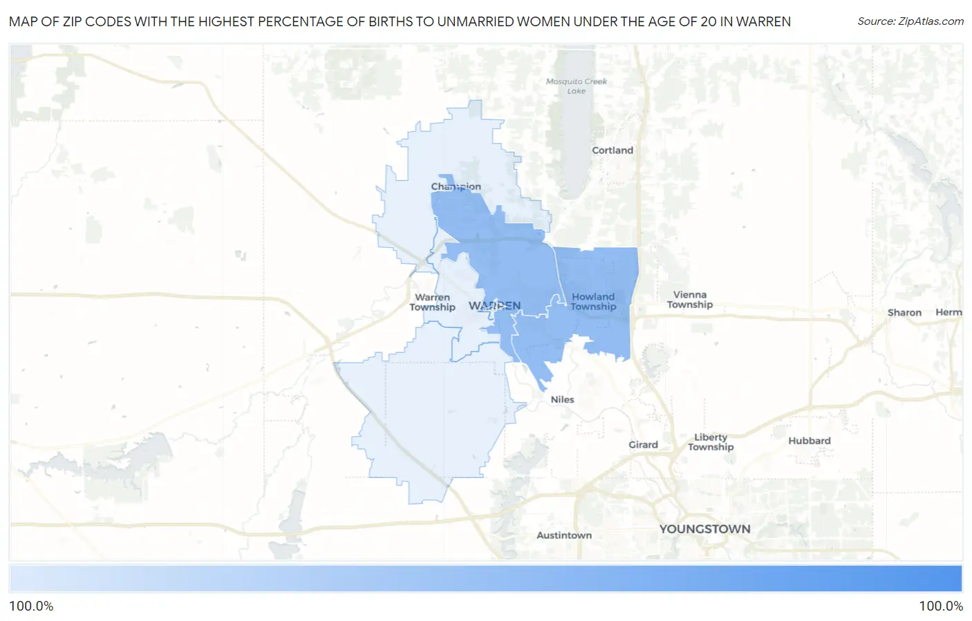 Zip Codes with the Highest Percentage of Births to Unmarried Women under the Age of 20 in Warren Map