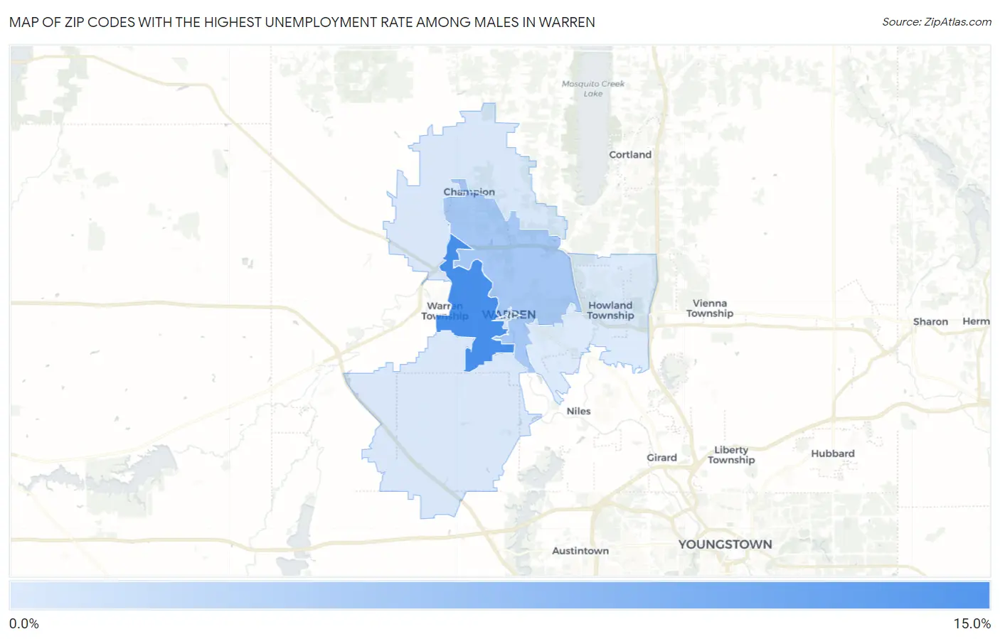 Zip Codes with the Highest Unemployment Rate Among Males in Warren Map