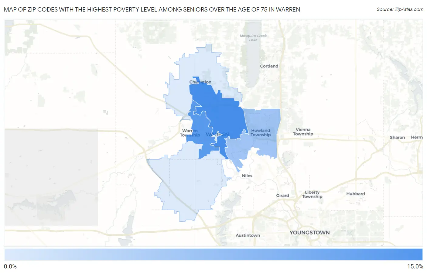 Zip Codes with the Highest Poverty Level Among Seniors Over the Age of 75 in Warren Map