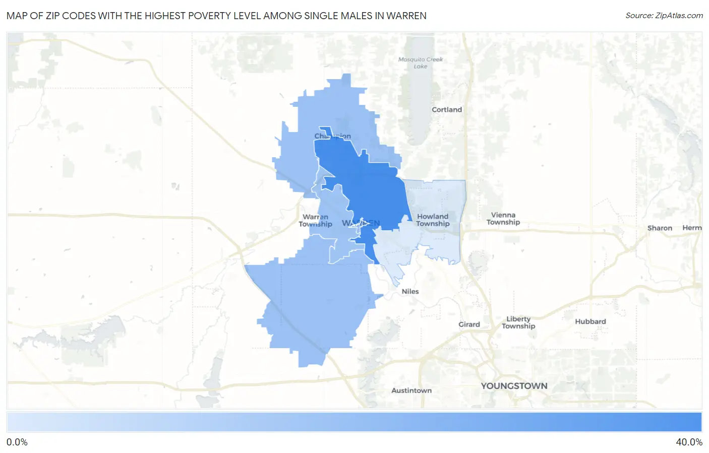 Zip Codes with the Highest Poverty Level Among Single Males in Warren Map
