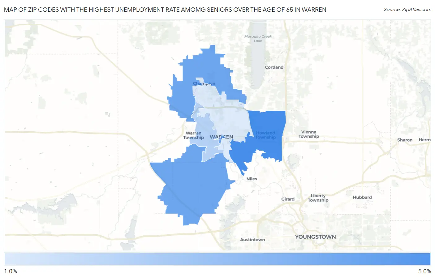 Zip Codes with the Highest Unemployment Rate Amomg Seniors Over the Age of 65 in Warren Map