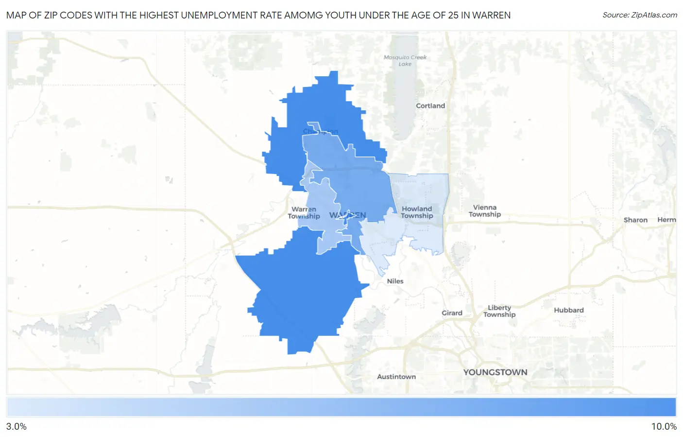 Zip Codes with the Highest Unemployment Rate Amomg Youth Under the Age of 25 in Warren Map