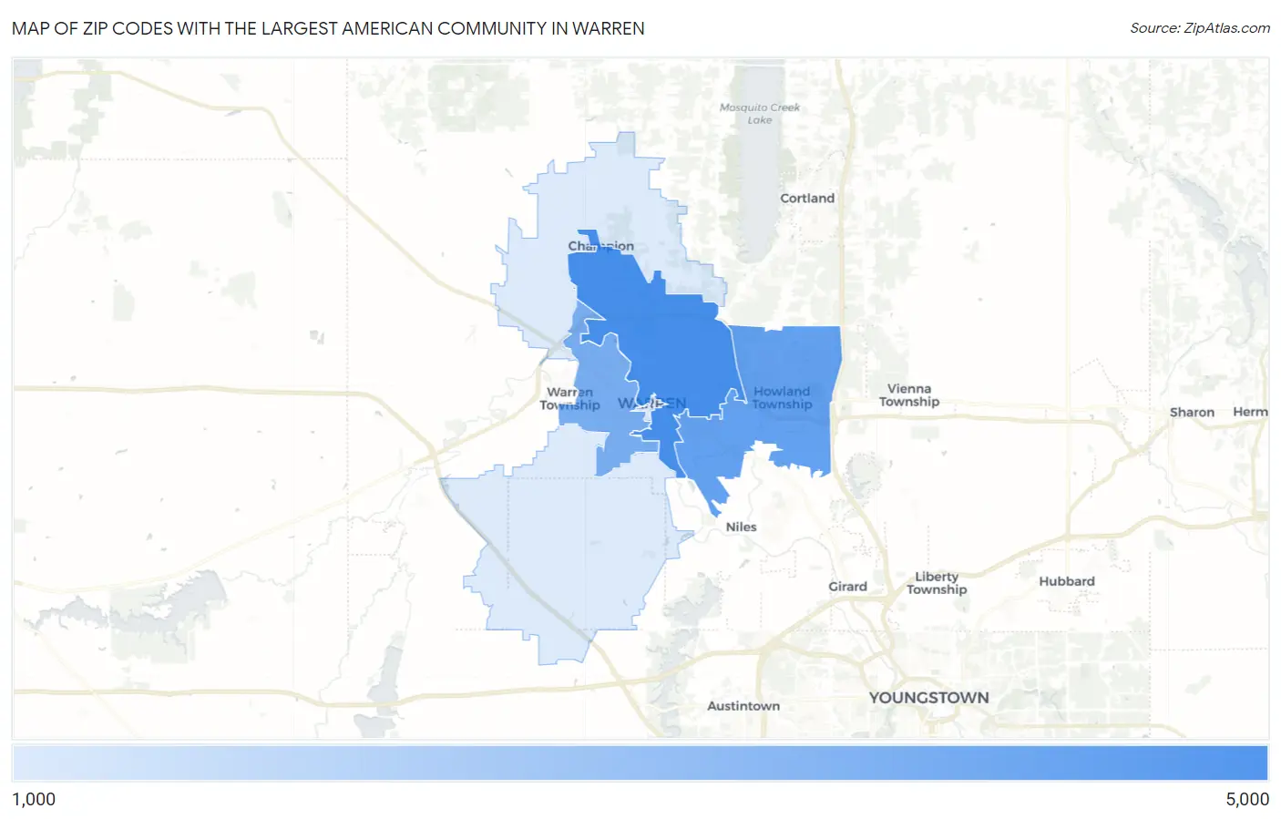 Zip Codes with the Largest American Community in Warren Map