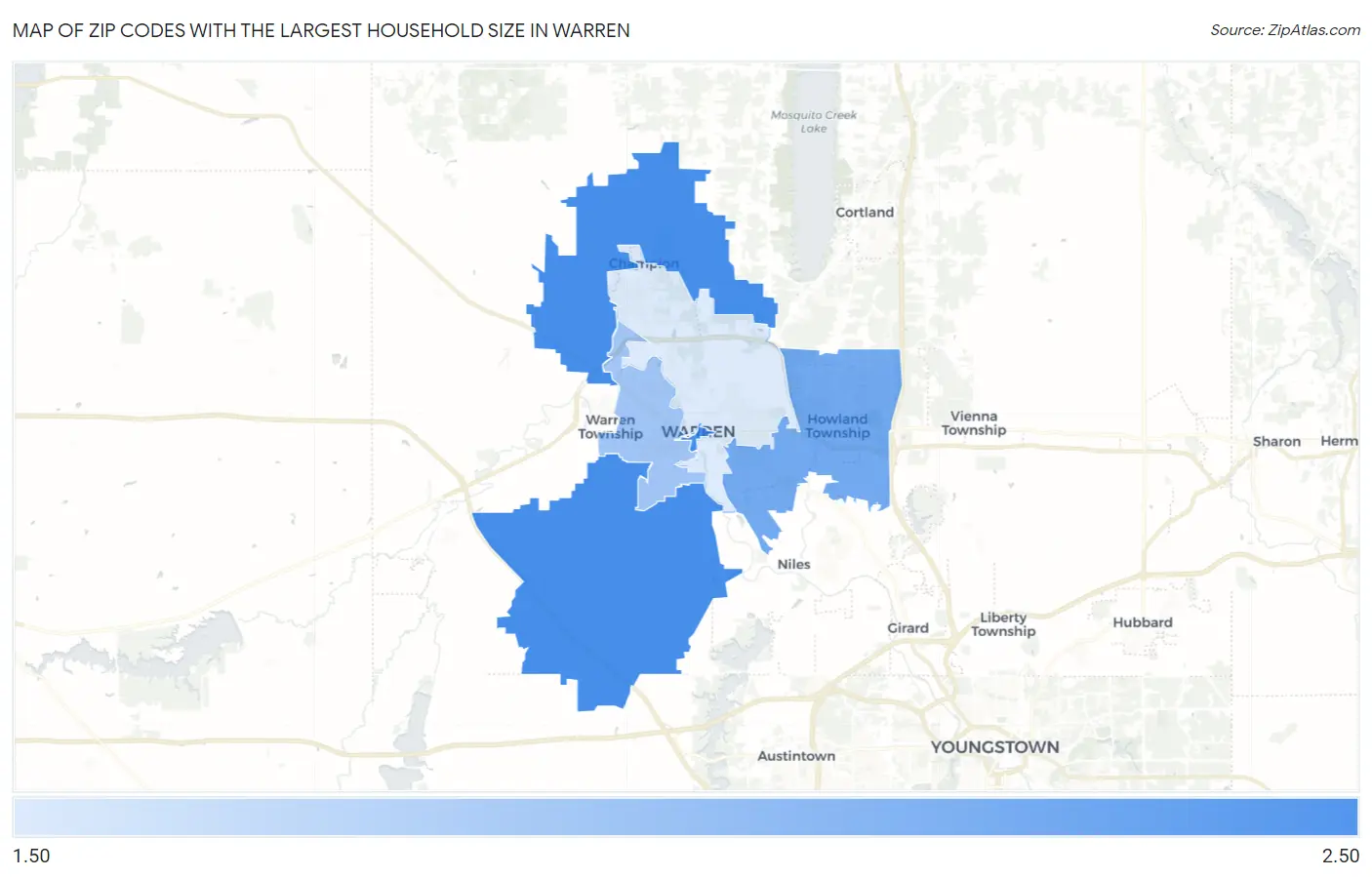 Zip Codes with the Largest Household Size in Warren Map