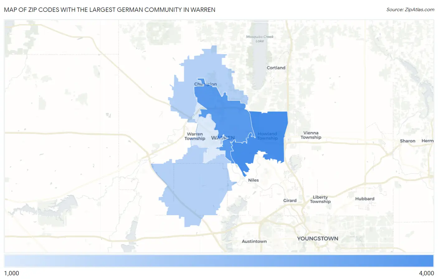 Zip Codes with the Largest German Community in Warren Map