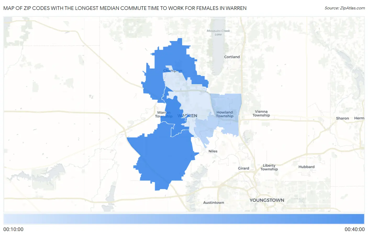 Zip Codes with the Longest Median Commute Time to Work for Females in Warren Map