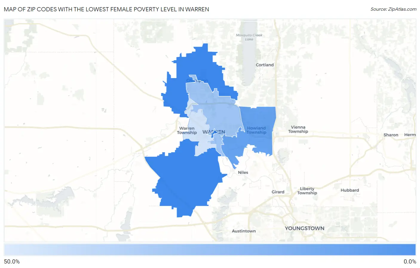Zip Codes with the Lowest Female Poverty Level in Warren Map