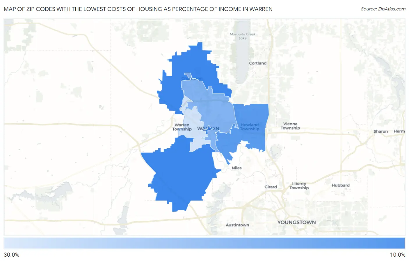 Zip Codes with the Lowest Costs of Housing as Percentage of Income in Warren Map