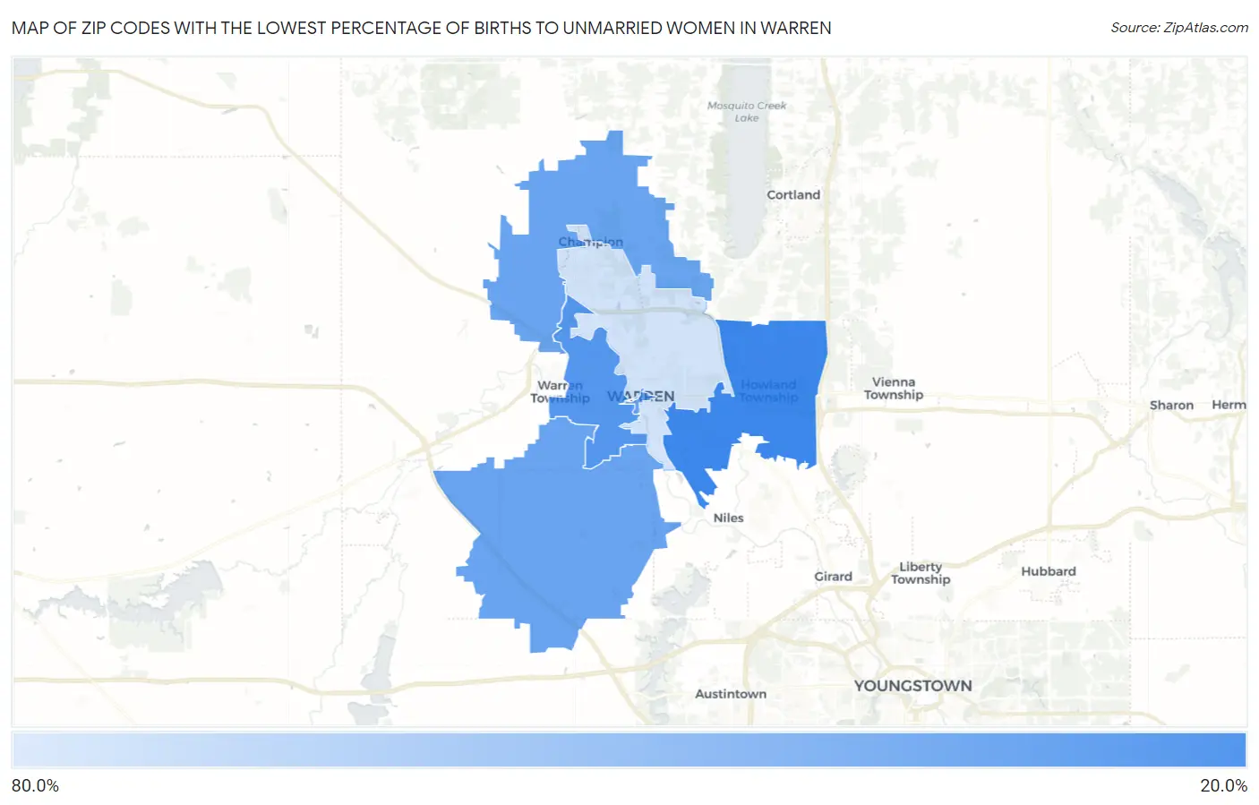Zip Codes with the Lowest Percentage of Births to Unmarried Women in Warren Map