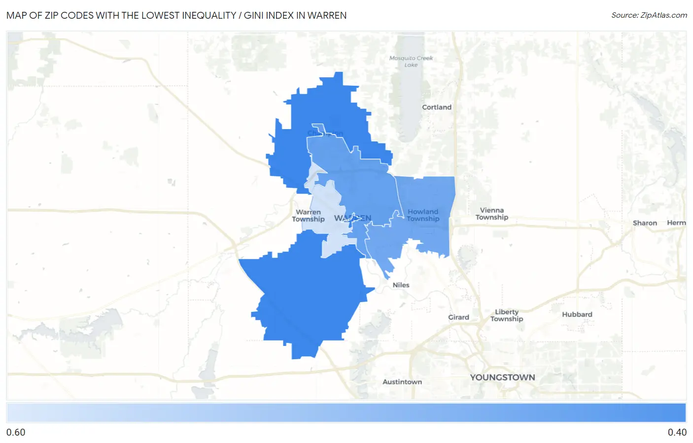 Zip Codes with the Lowest Inequality / Gini Index in Warren Map