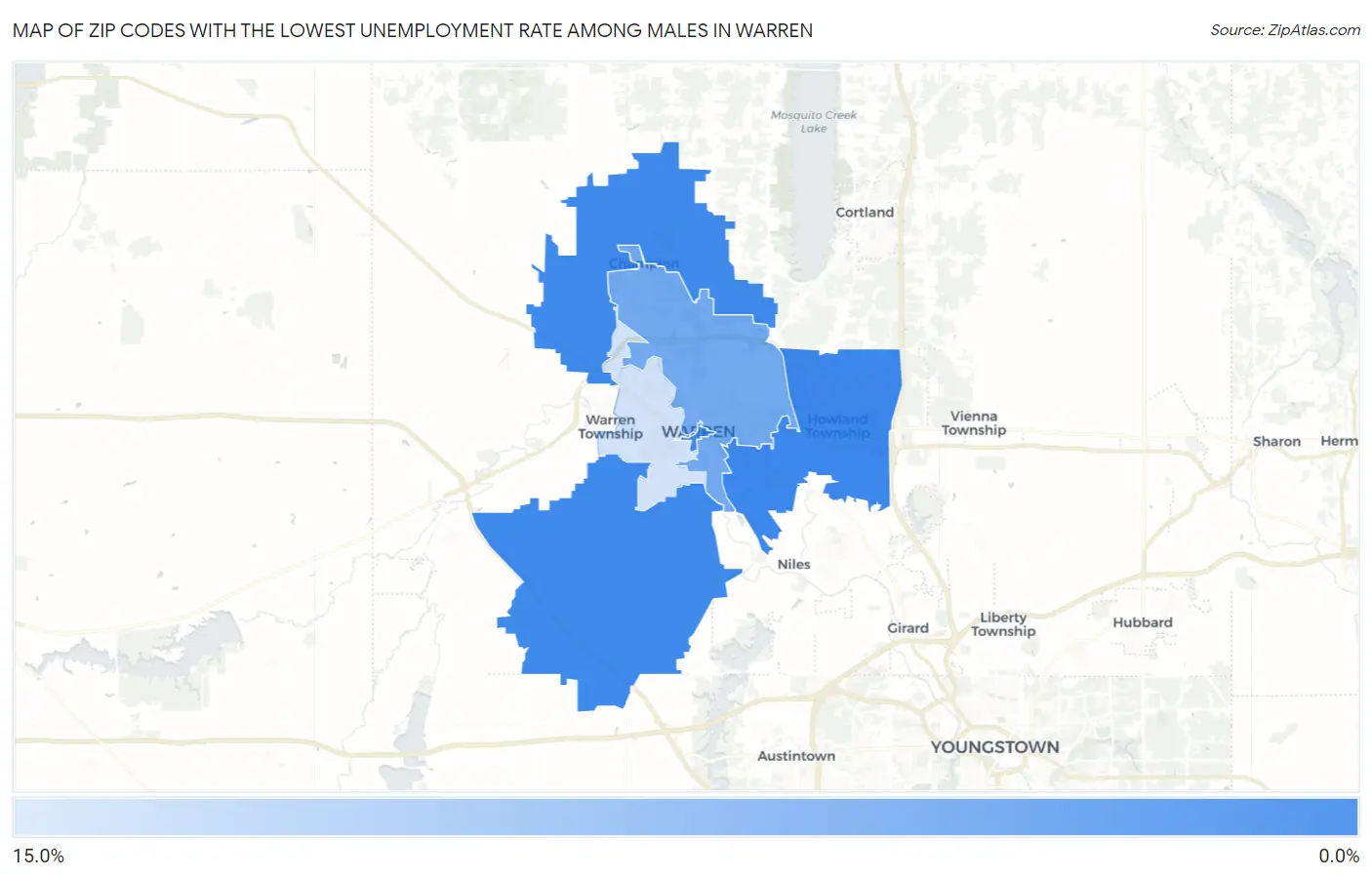 Zip Codes with the Lowest Unemployment Rate Among Males in Warren Map
