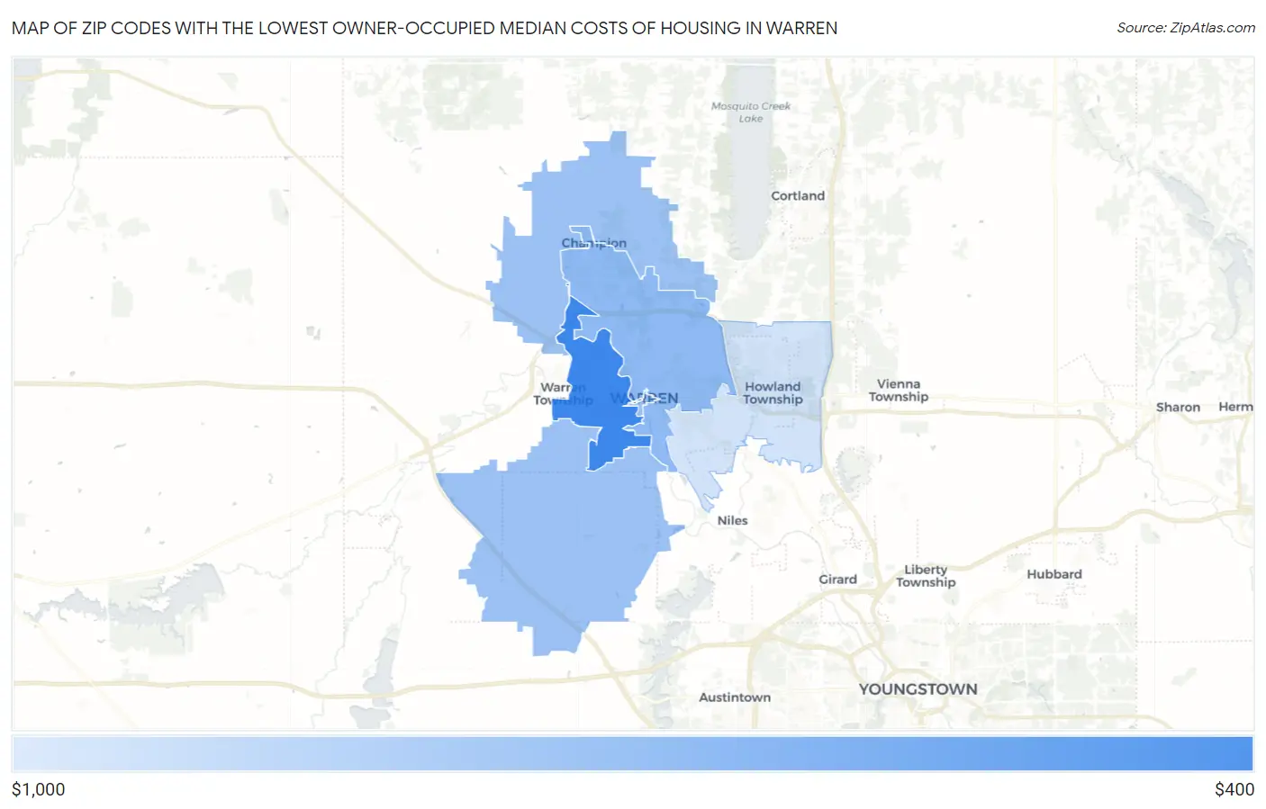 Zip Codes with the Lowest Owner-Occupied Median Costs of Housing in Warren Map