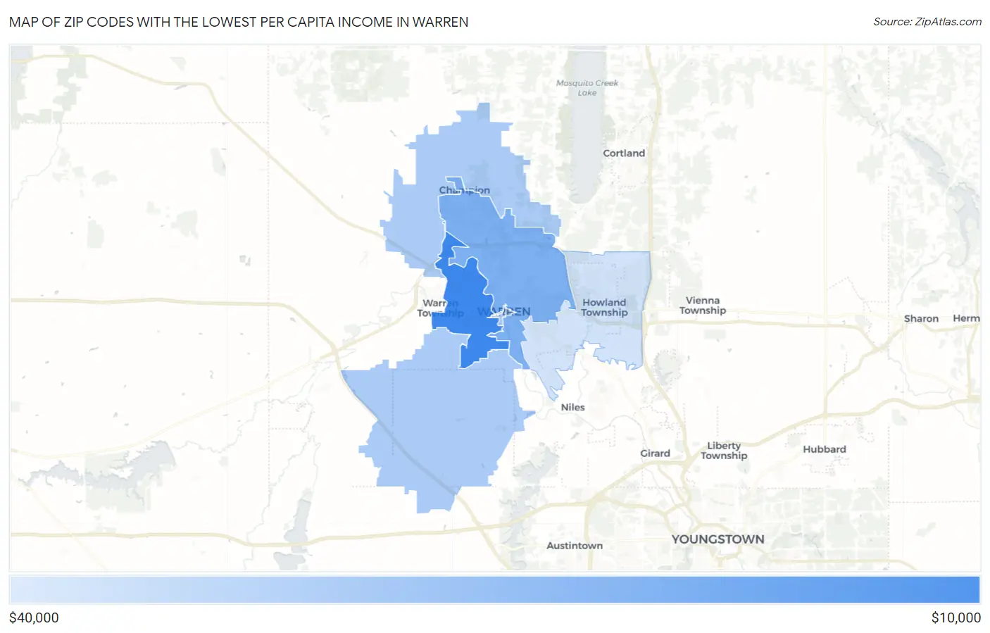 Zip Codes with the Lowest Per Capita Income in Warren Map