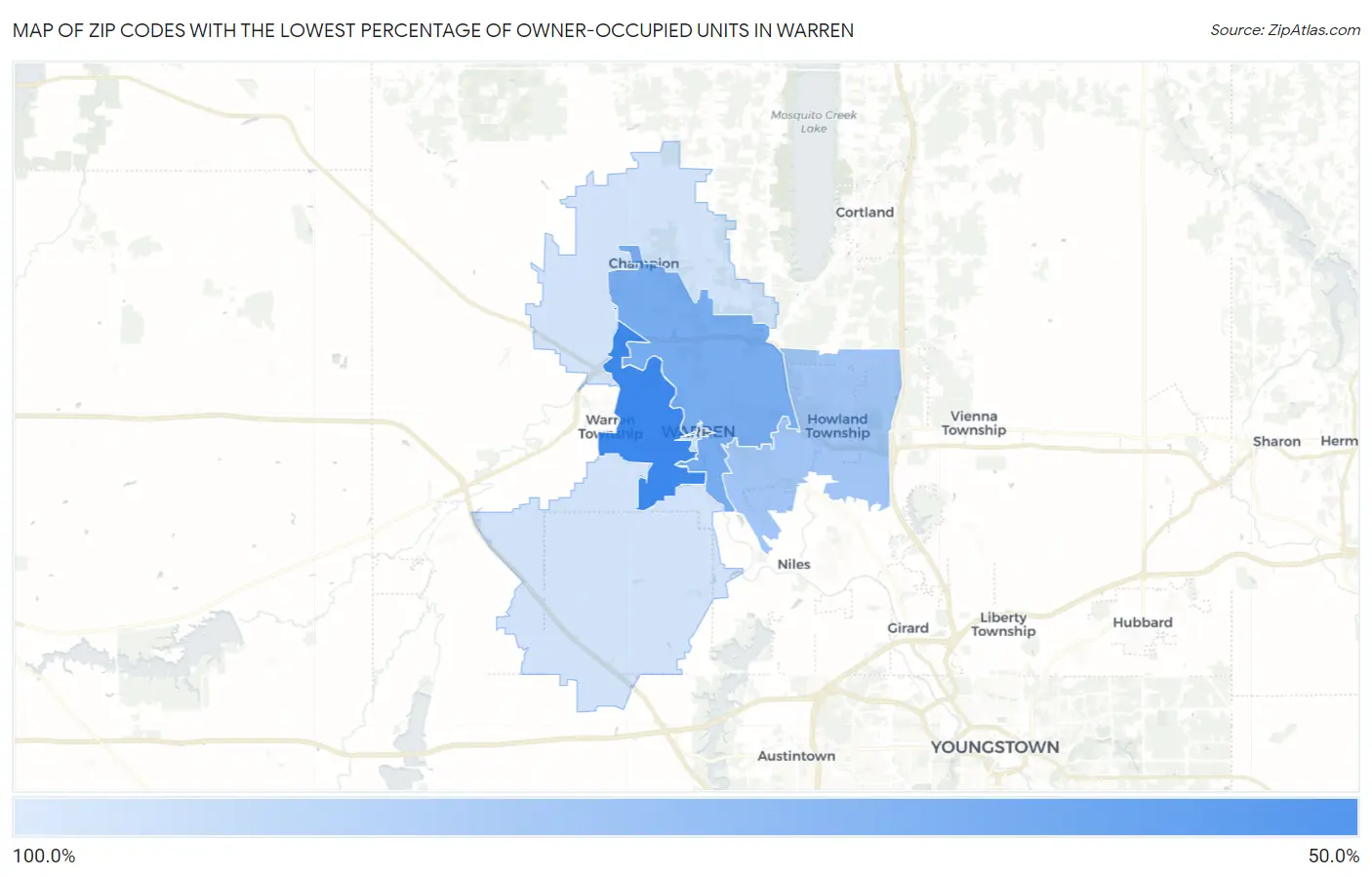 Zip Codes with the Lowest Percentage of Owner-Occupied Units in Warren Map