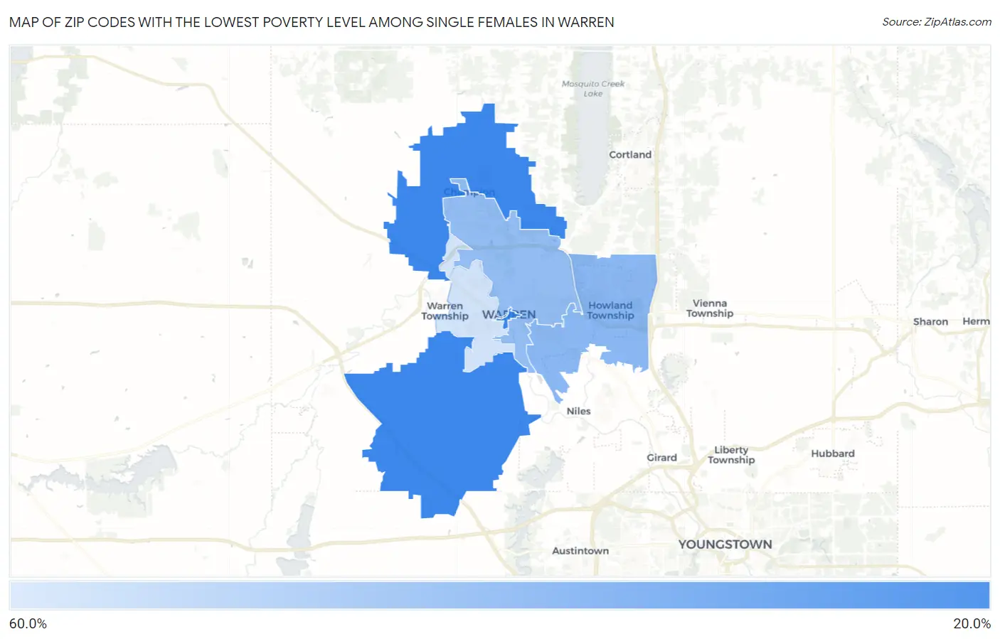 Zip Codes with the Lowest Poverty Level Among Single Females in Warren Map