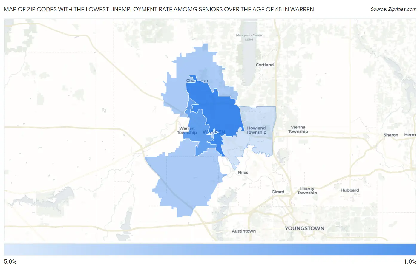 Zip Codes with the Lowest Unemployment Rate Amomg Seniors Over the Age of 65 in Warren Map