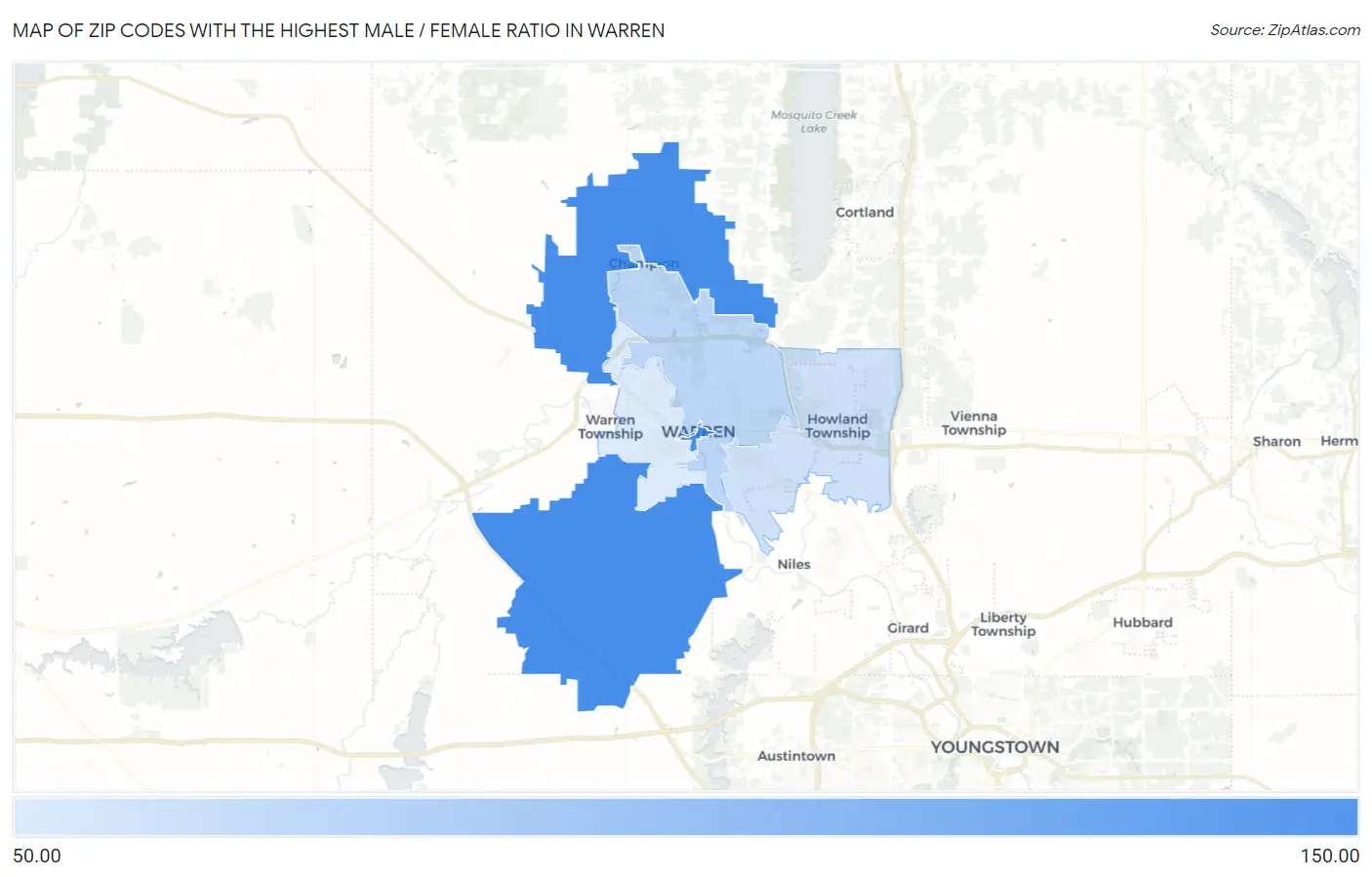 Zip Codes with the Highest Male / Female Ratio in Warren Map