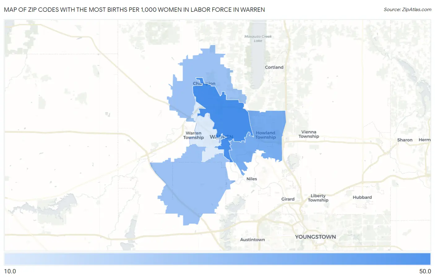 Zip Codes with the Most Births per 1,000 Women in Labor Force in Warren Map