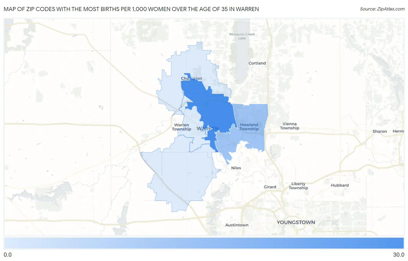 Zip Codes with the Most Births per 1,000 Women Over the Age of 35 in Warren Map