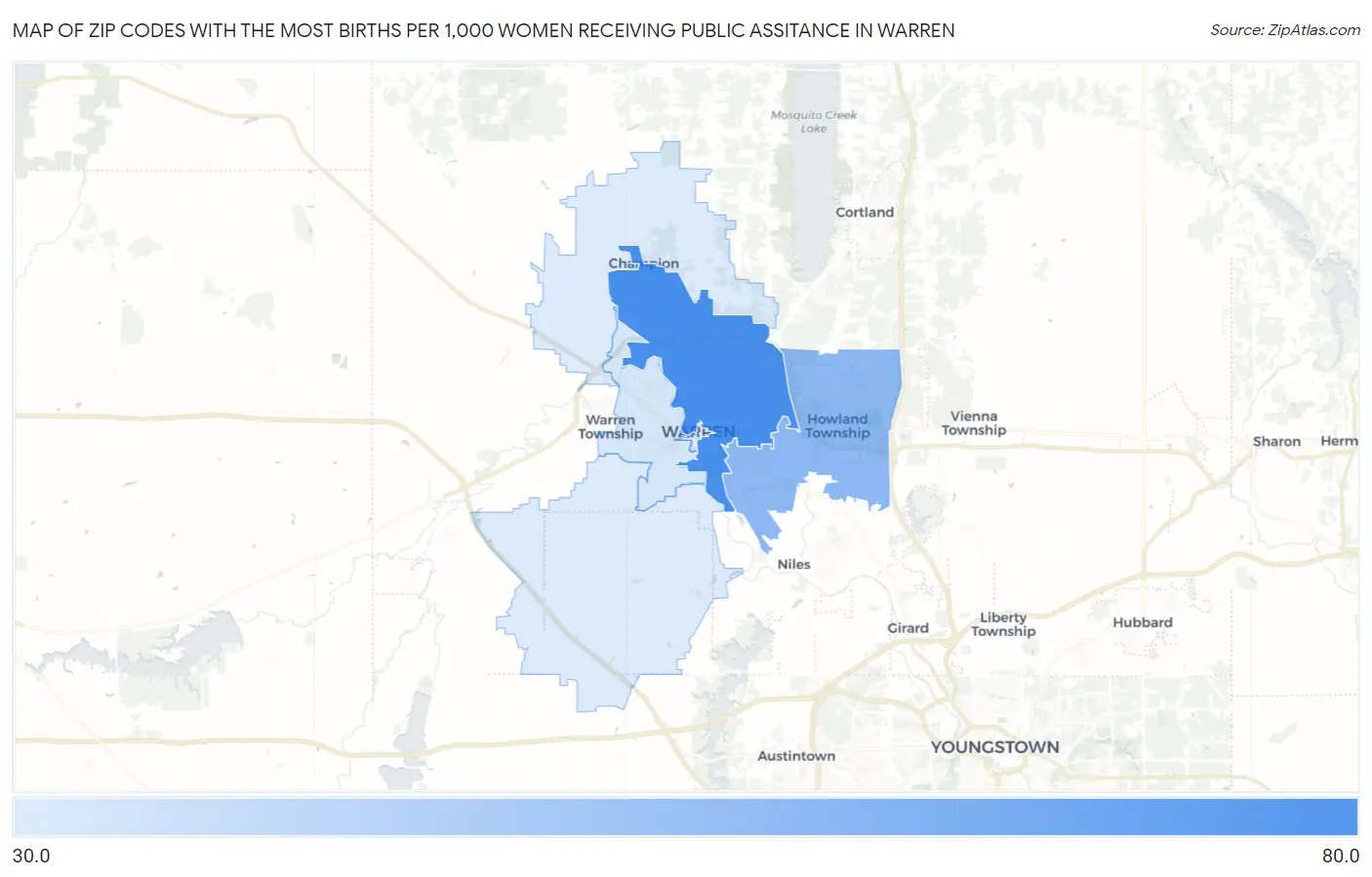 Zip Codes with the Most Births per 1,000 Women Receiving Public Assitance in Warren Map