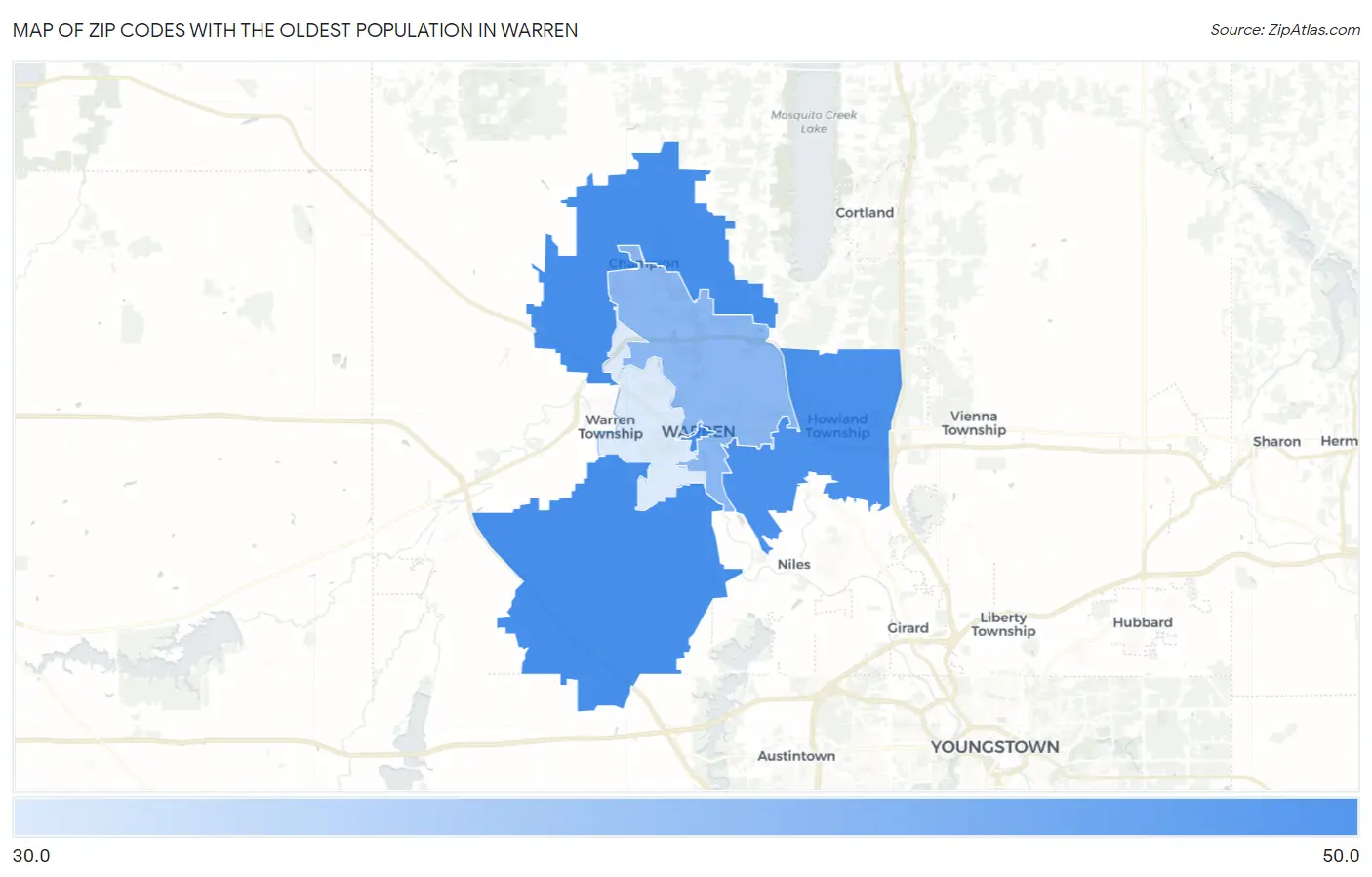 Zip Codes with the Oldest Population in Warren Map
