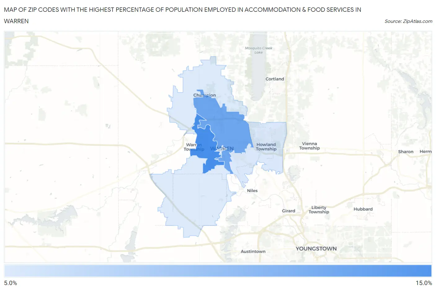 Zip Codes with the Highest Percentage of Population Employed in Accommodation & Food Services in Warren Map