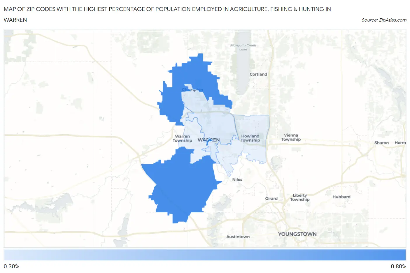 Zip Codes with the Highest Percentage of Population Employed in Agriculture, Fishing & Hunting in Warren Map
