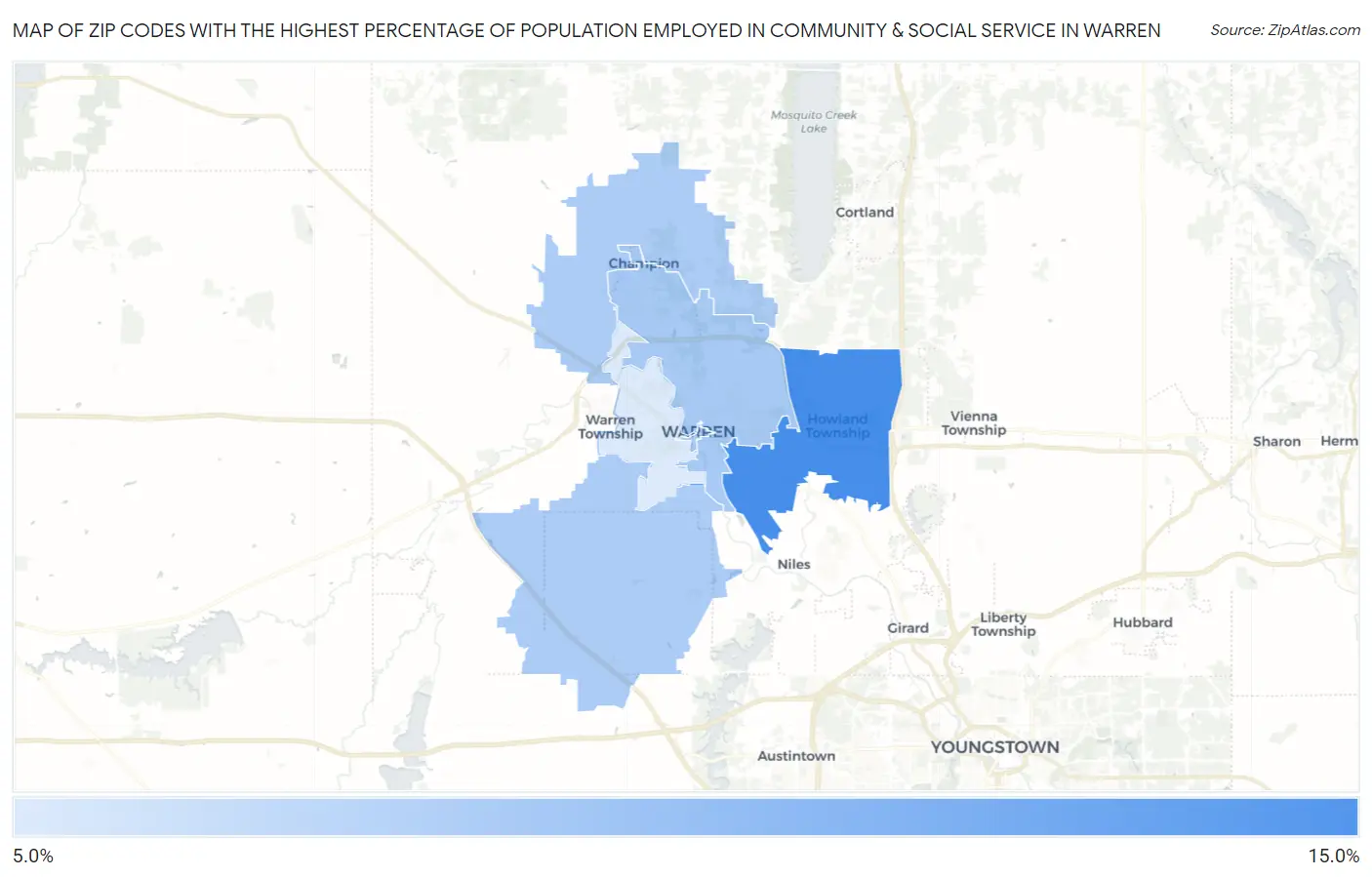Zip Codes with the Highest Percentage of Population Employed in Community & Social Service  in Warren Map