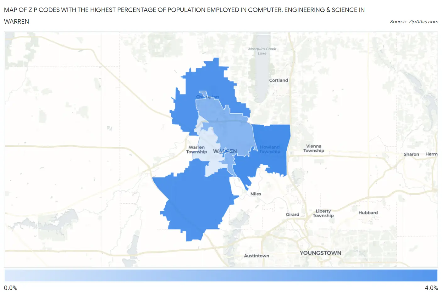 Zip Codes with the Highest Percentage of Population Employed in Computer, Engineering & Science in Warren Map