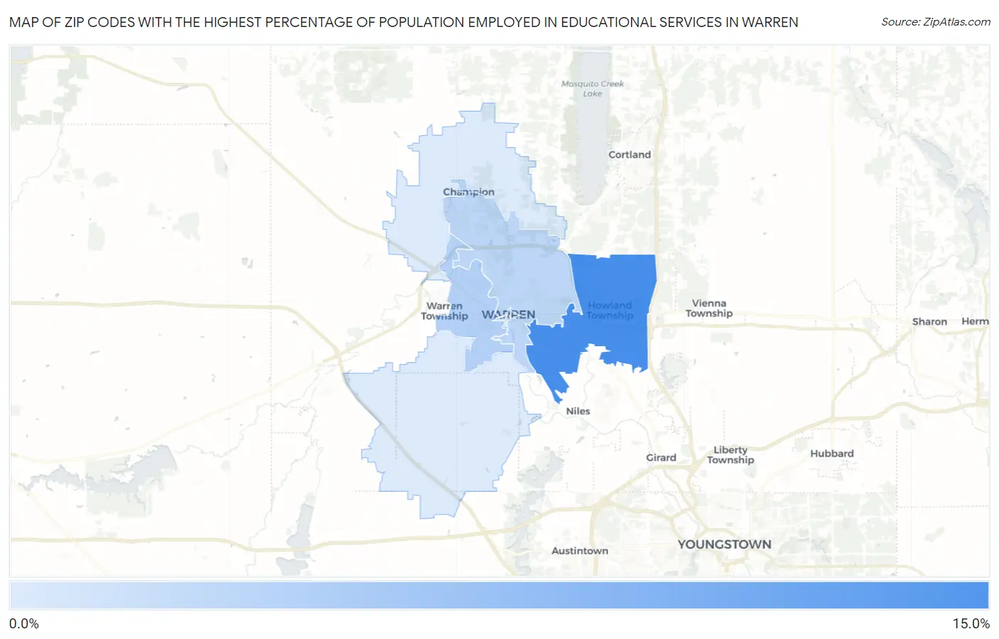 Zip Codes with the Highest Percentage of Population Employed in Educational Services in Warren Map