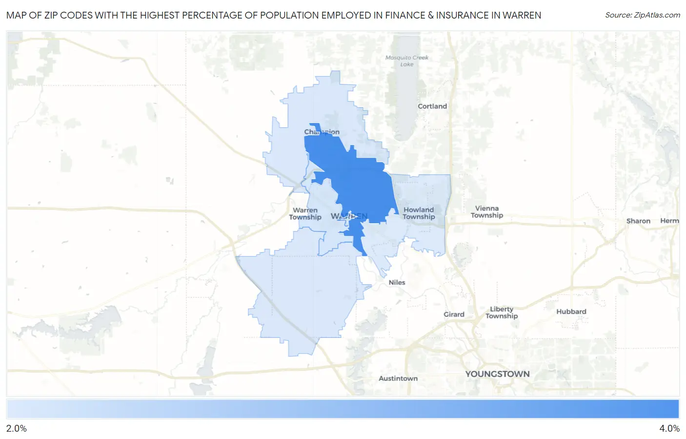 Zip Codes with the Highest Percentage of Population Employed in Finance & Insurance in Warren Map