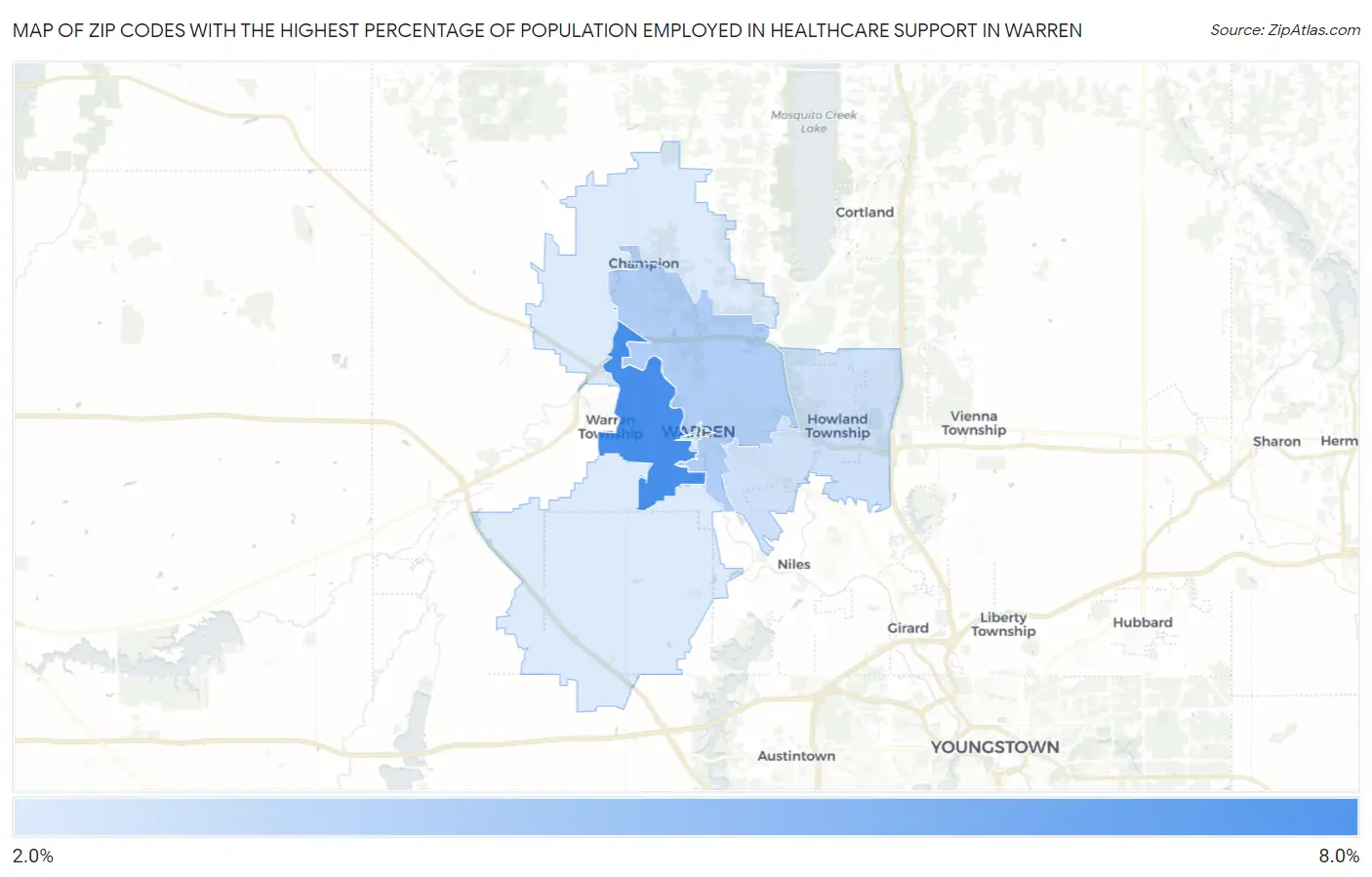 Zip Codes with the Highest Percentage of Population Employed in Healthcare Support in Warren Map