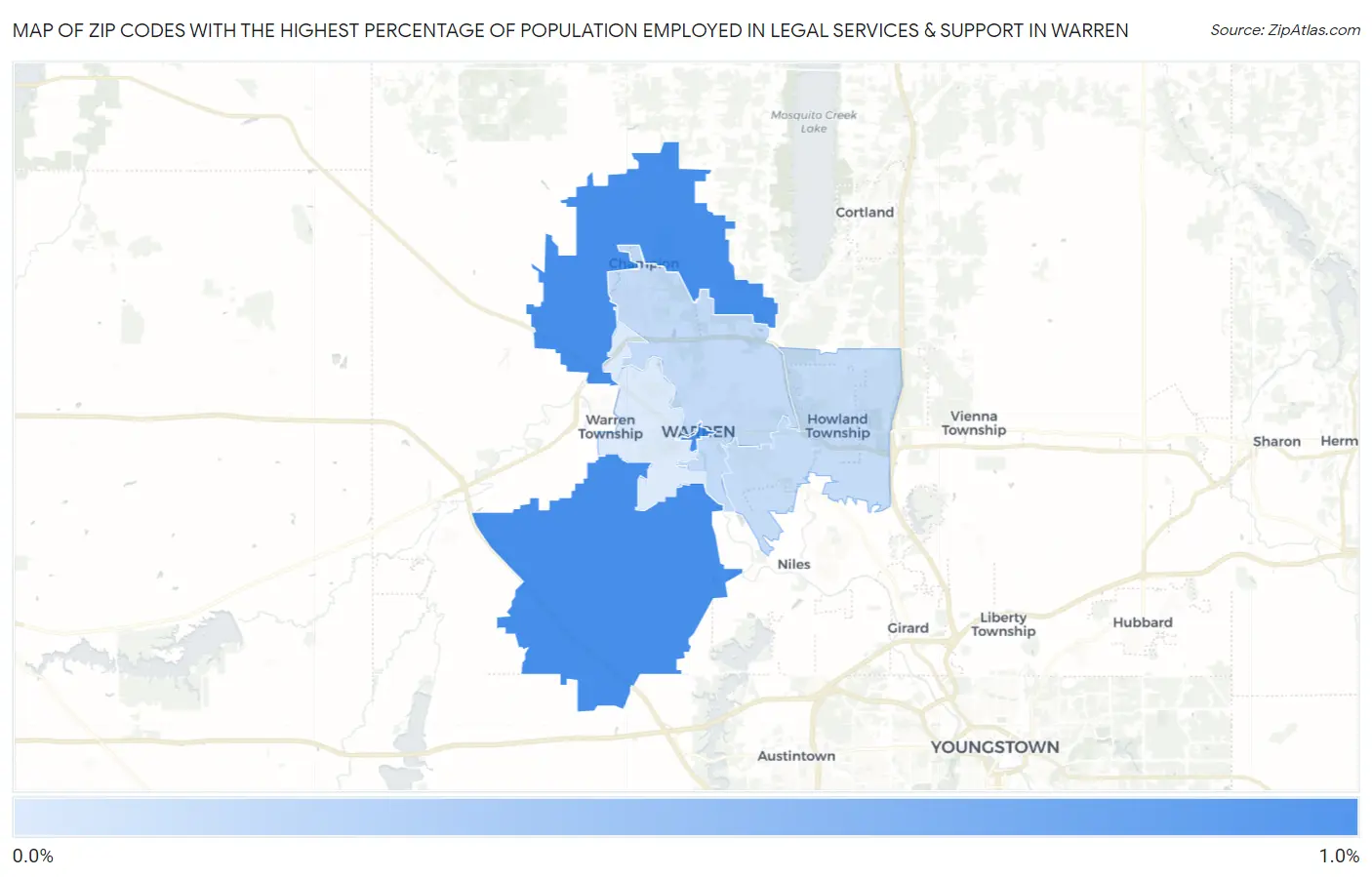 Zip Codes with the Highest Percentage of Population Employed in Legal Services & Support in Warren Map