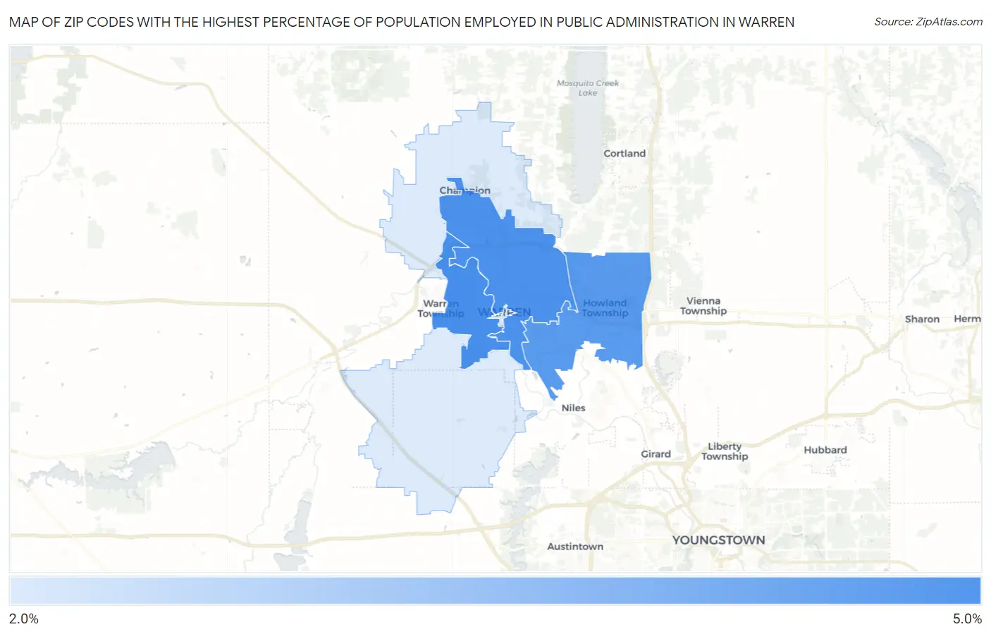 Zip Codes with the Highest Percentage of Population Employed in Public Administration in Warren Map