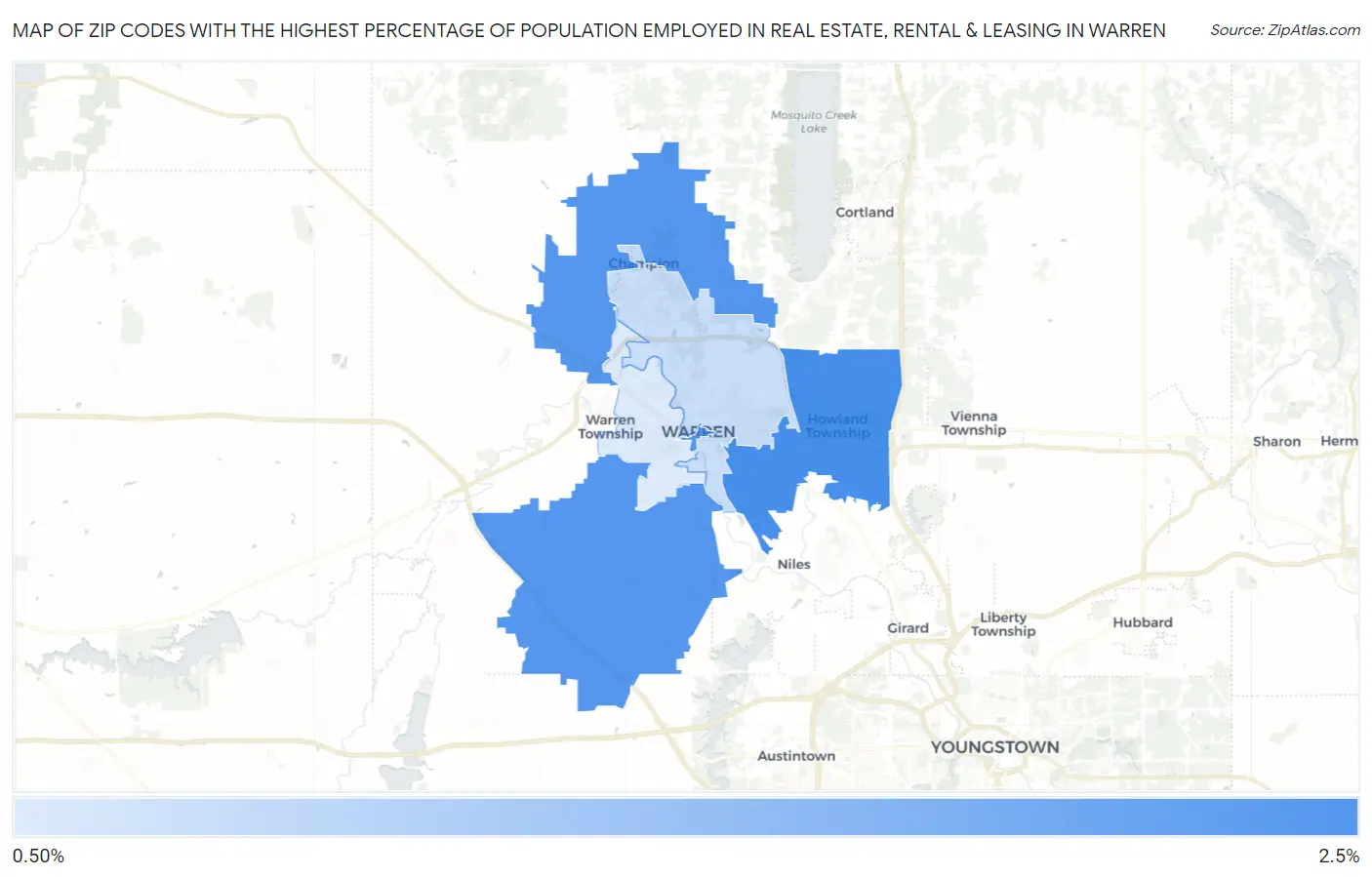 Zip Codes with the Highest Percentage of Population Employed in Real Estate, Rental & Leasing in Warren Map