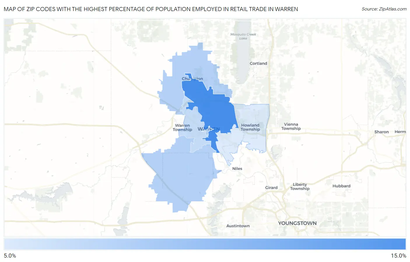 Zip Codes with the Highest Percentage of Population Employed in Retail Trade in Warren Map