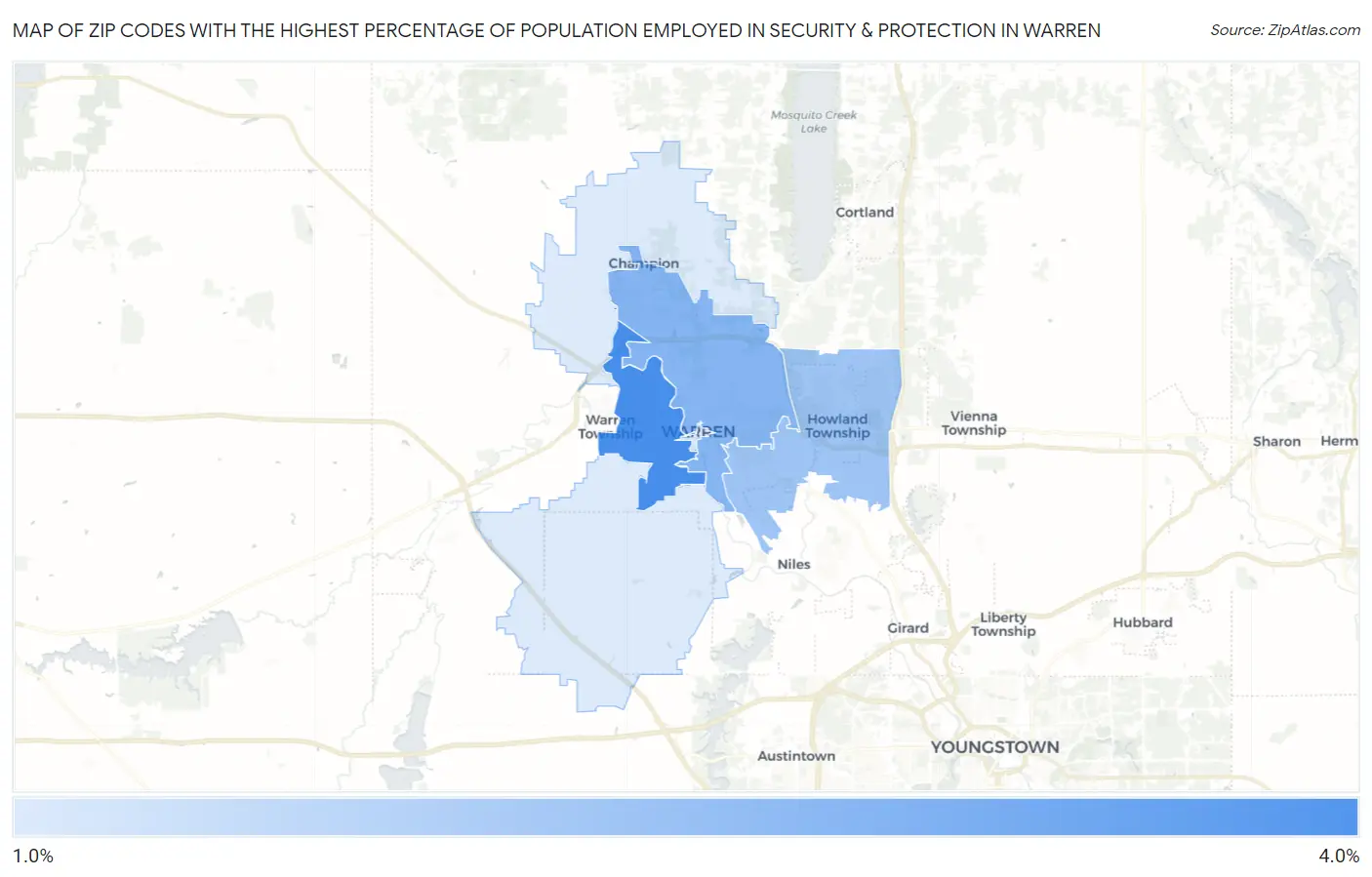 Zip Codes with the Highest Percentage of Population Employed in Security & Protection in Warren Map